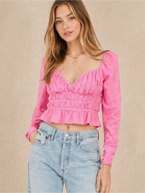 Free People Smocked Crop Top Pink Tie Back Size S NWT